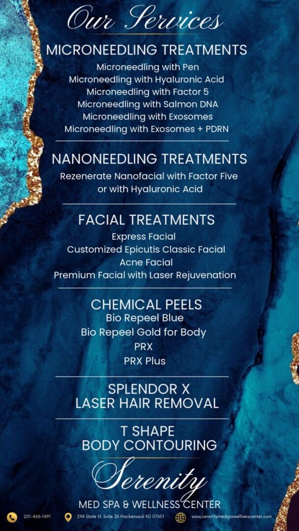 Blue marble spa services menu with gold accents