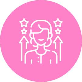 White line art of a happy person with stars and upward arrows on a pink background.