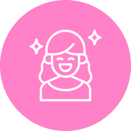 Happy woman icon with sparkles on pink background.