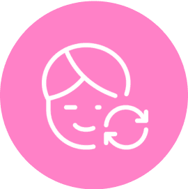 Icon of a smiling face with a refresh arrow on a pink background.