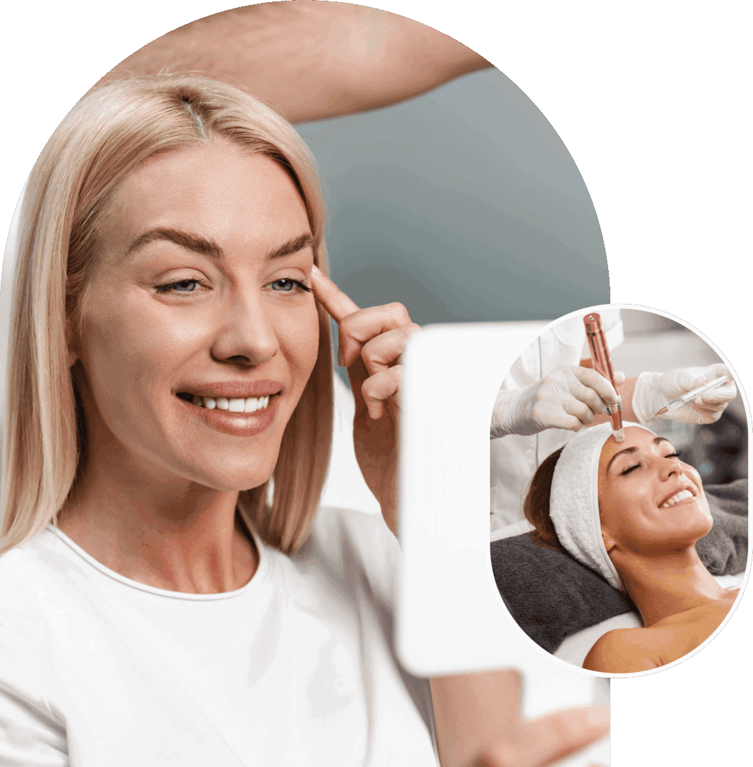 Woman using a skincare tool on her face with a mirror.