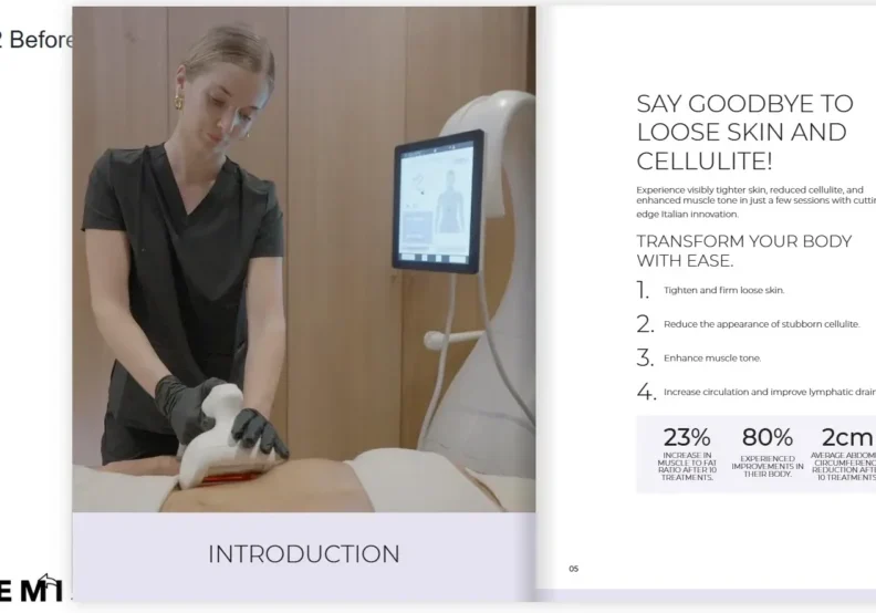 A therapist performing a cellulite treatment on a patient's thigh using a modern device.